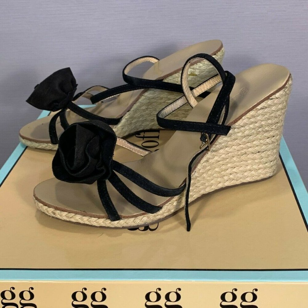 Ginger Goff Kennedy Heel Womens 7 Black Kid Suede Strappy Rattan Wedge Sandal - Picture 5 of 12